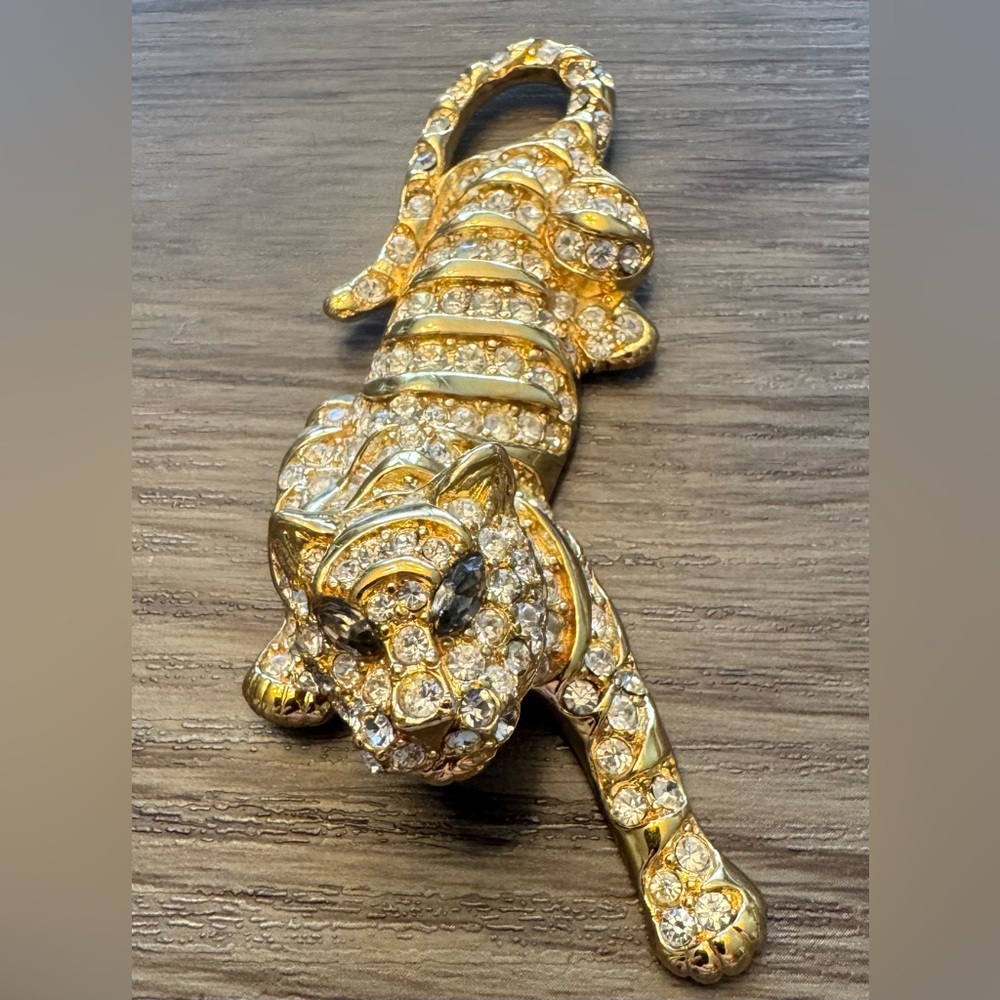 Trifari Vintage Gold and Crystal Tiger Brooch